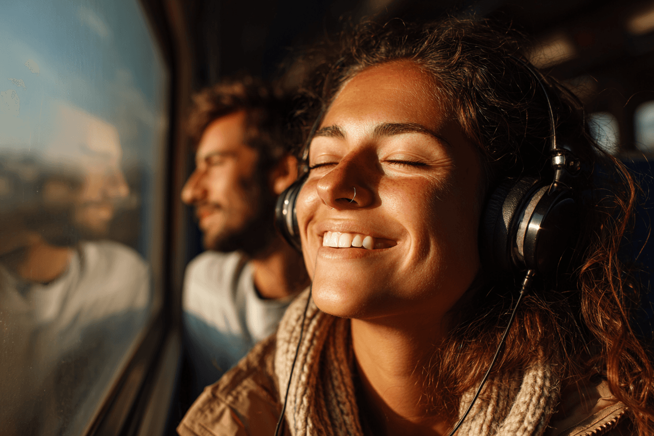 Team member enjoying music with headphones